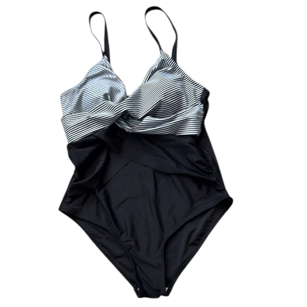 Black and White Striped One piece Swim Suit‎ Medium